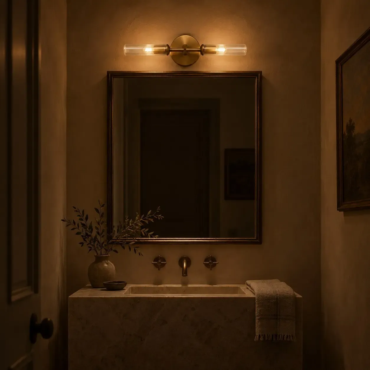 Brass two-light tube sconce glowing above a powder-room mirror at night