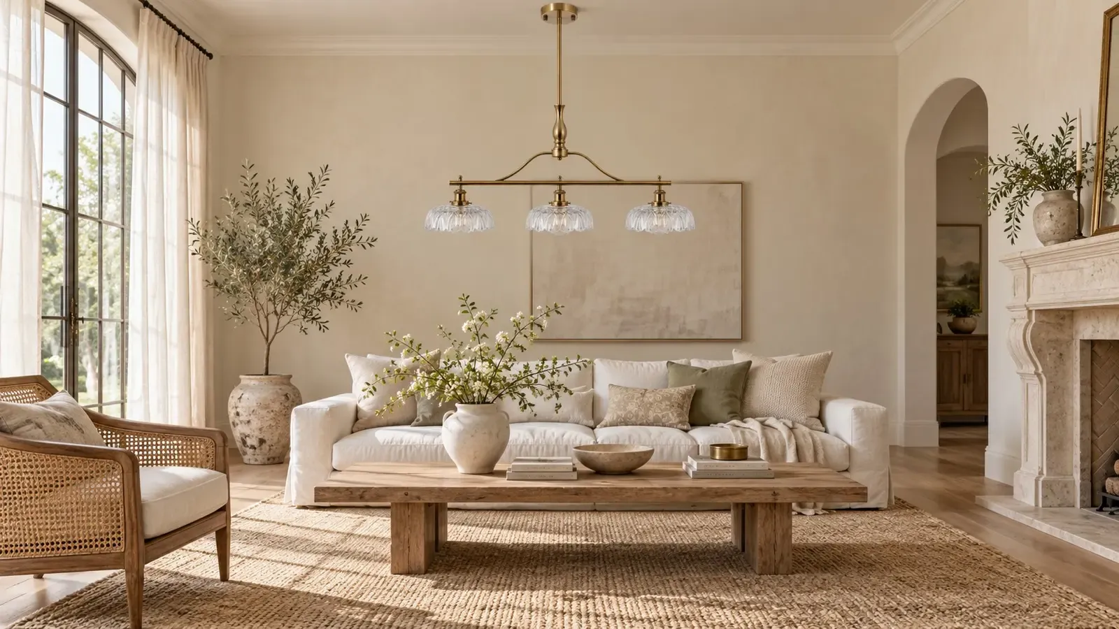 Brass three-shade chandelier unlit over a living room sofa in daylight