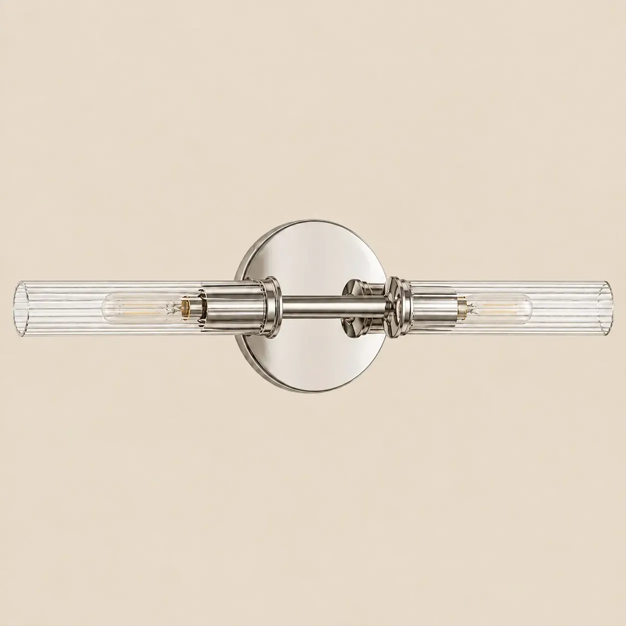 Chrome two-light ribbed glass tube wall sconce