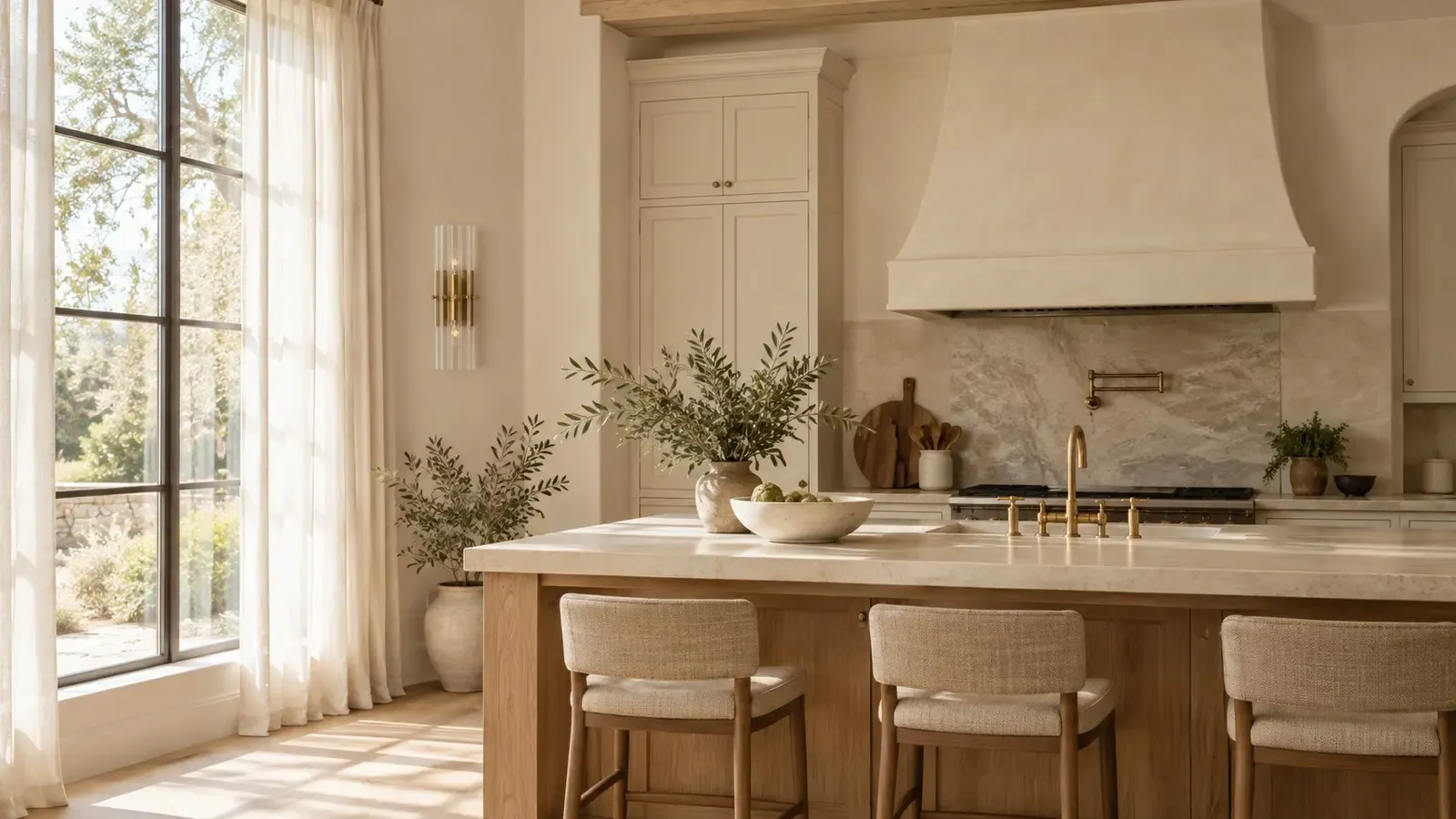 Tumbled brass 2-light sconce unlit in a kitchen in daylight