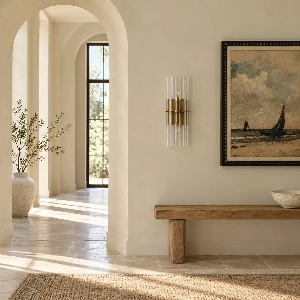 Tumbled brass 2-light sconce unlit in an entry in daylight