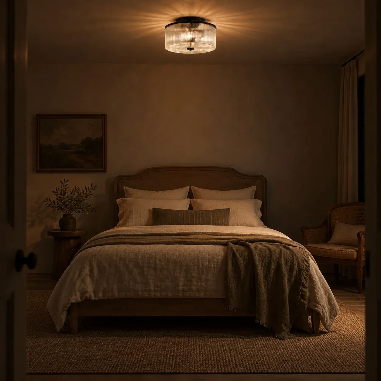 Black ribbed glass drum ceiling light glowing over a bed at night