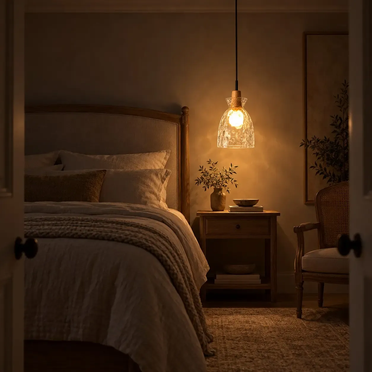 Hammered glass bell pendant lit in a bedroom at night