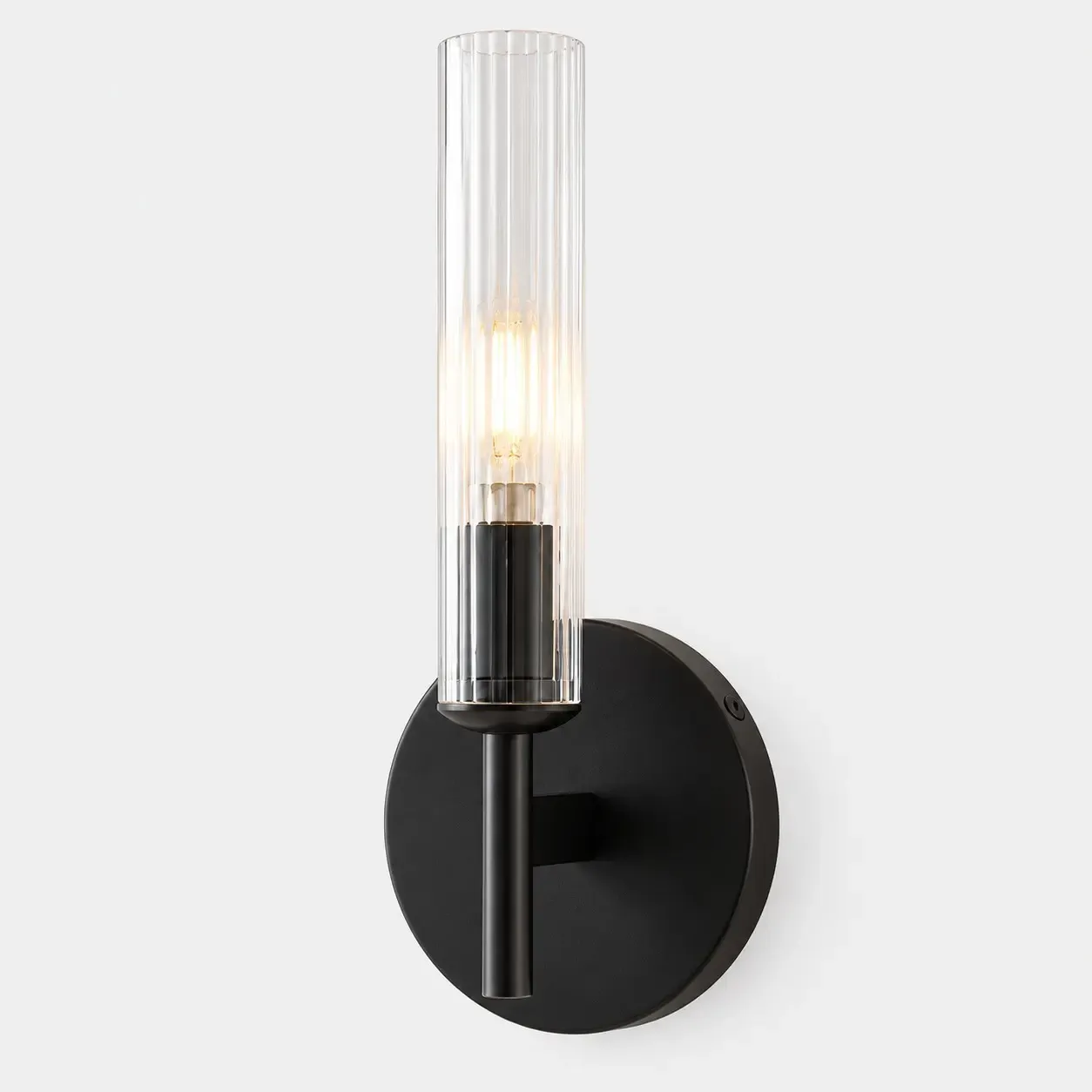 Bronze one-light ribbed glass tube wall sconce