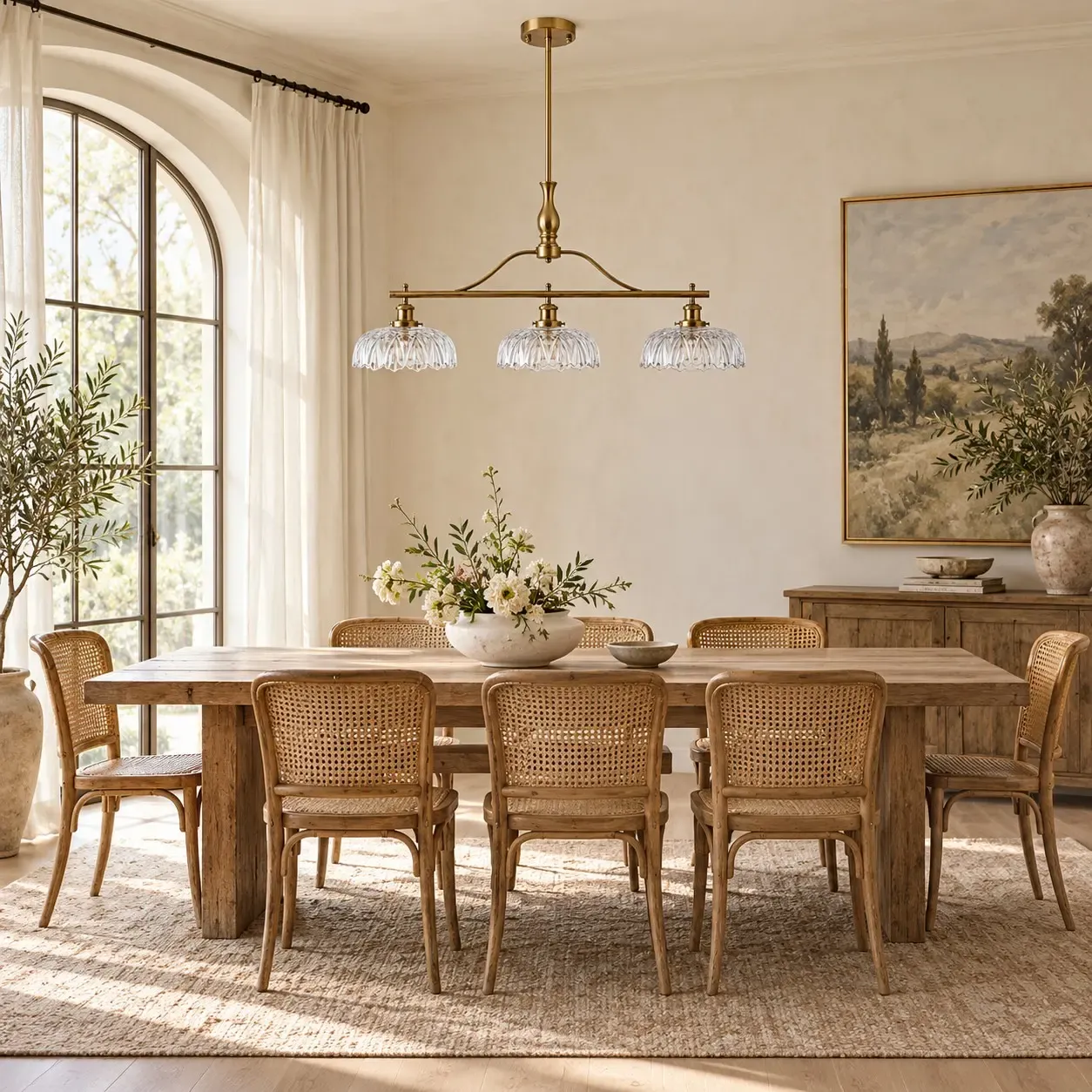 Brass three-shade chandelier unlit over a long dining table in daylight