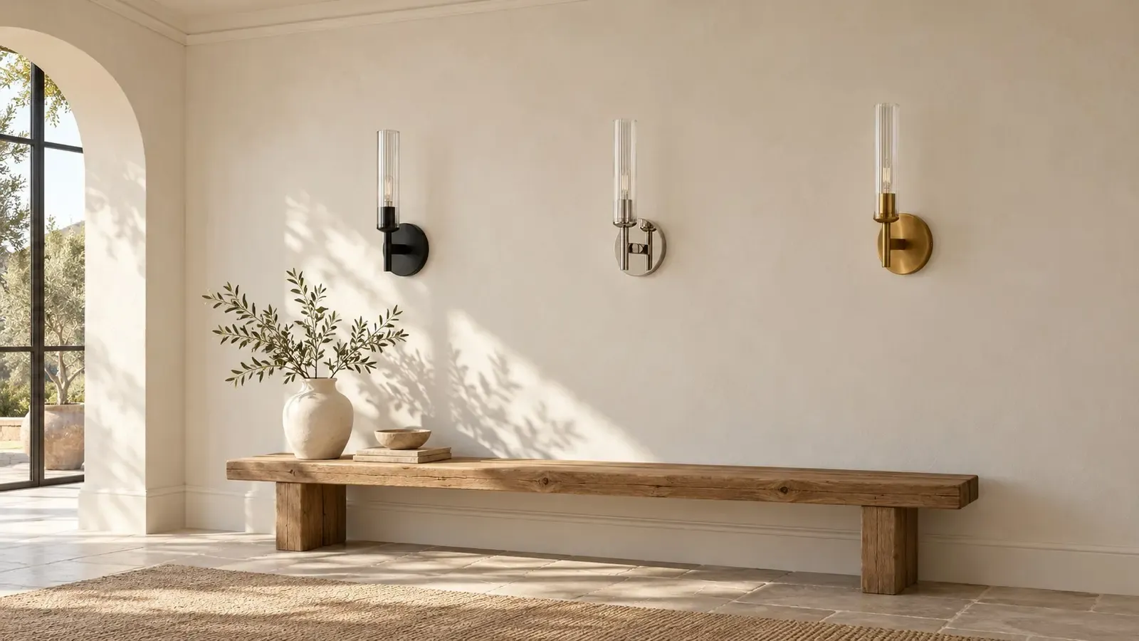 Bronze, chrome, and brass tube sconces unlit in a hallway in daylight