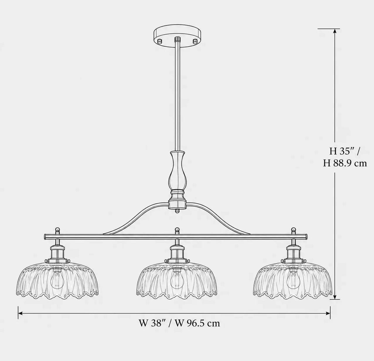 Dimension drawing of the chandelier, 35 inches or 88.9 centimeters high and 38 inches or 96.5 centimeters wide
