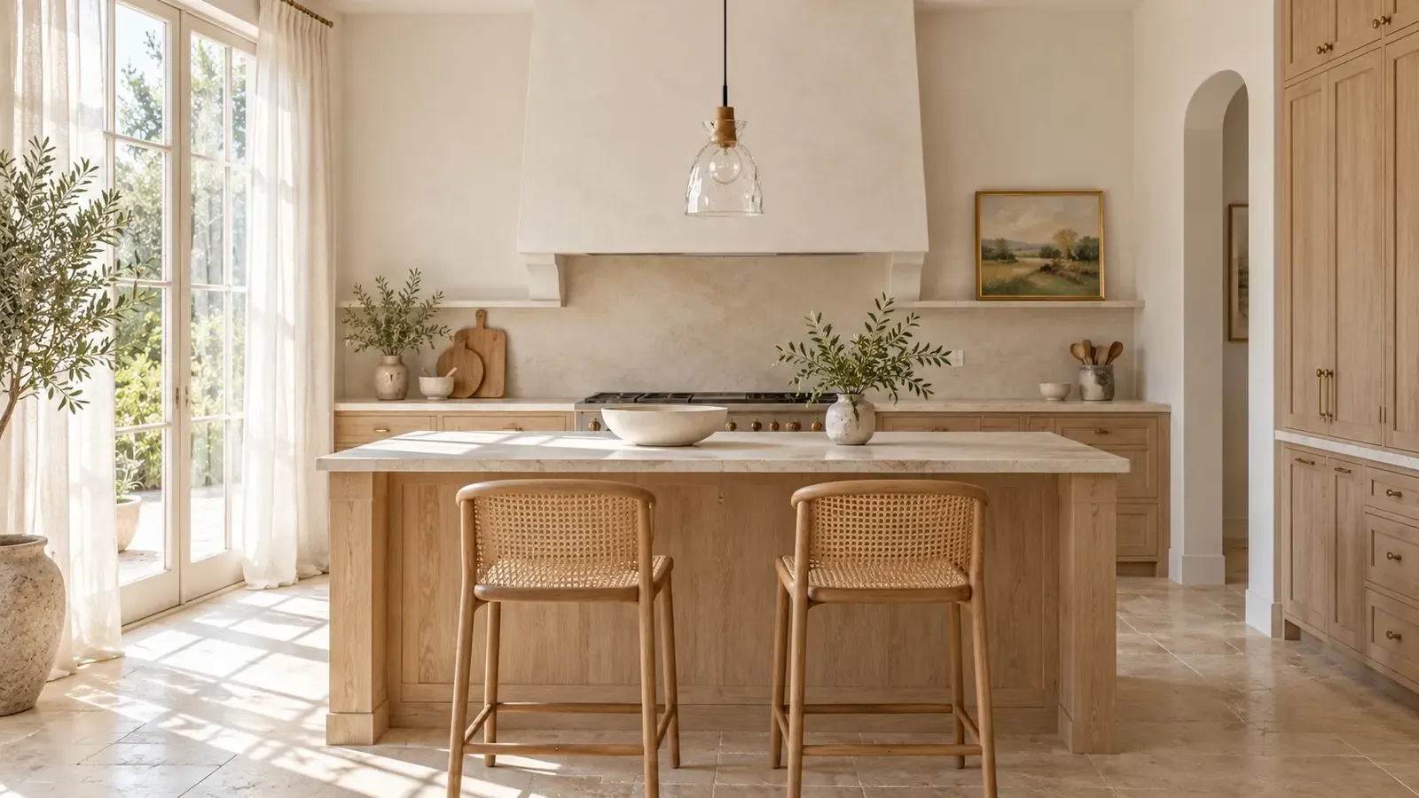 Hammered glass bell pendant unlit over a kitchen island in daylight