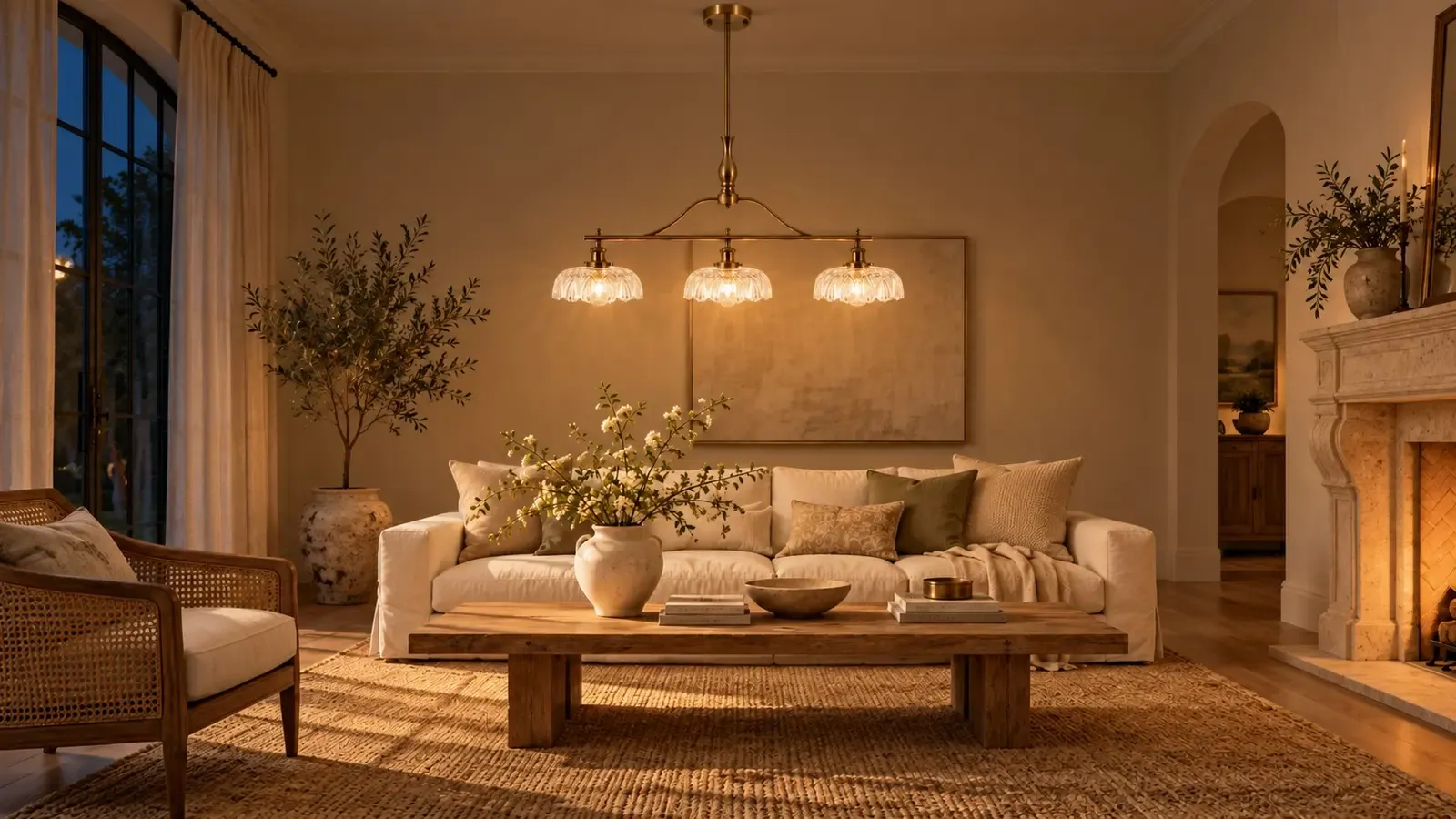 The same living room at night with the three glass shades lit