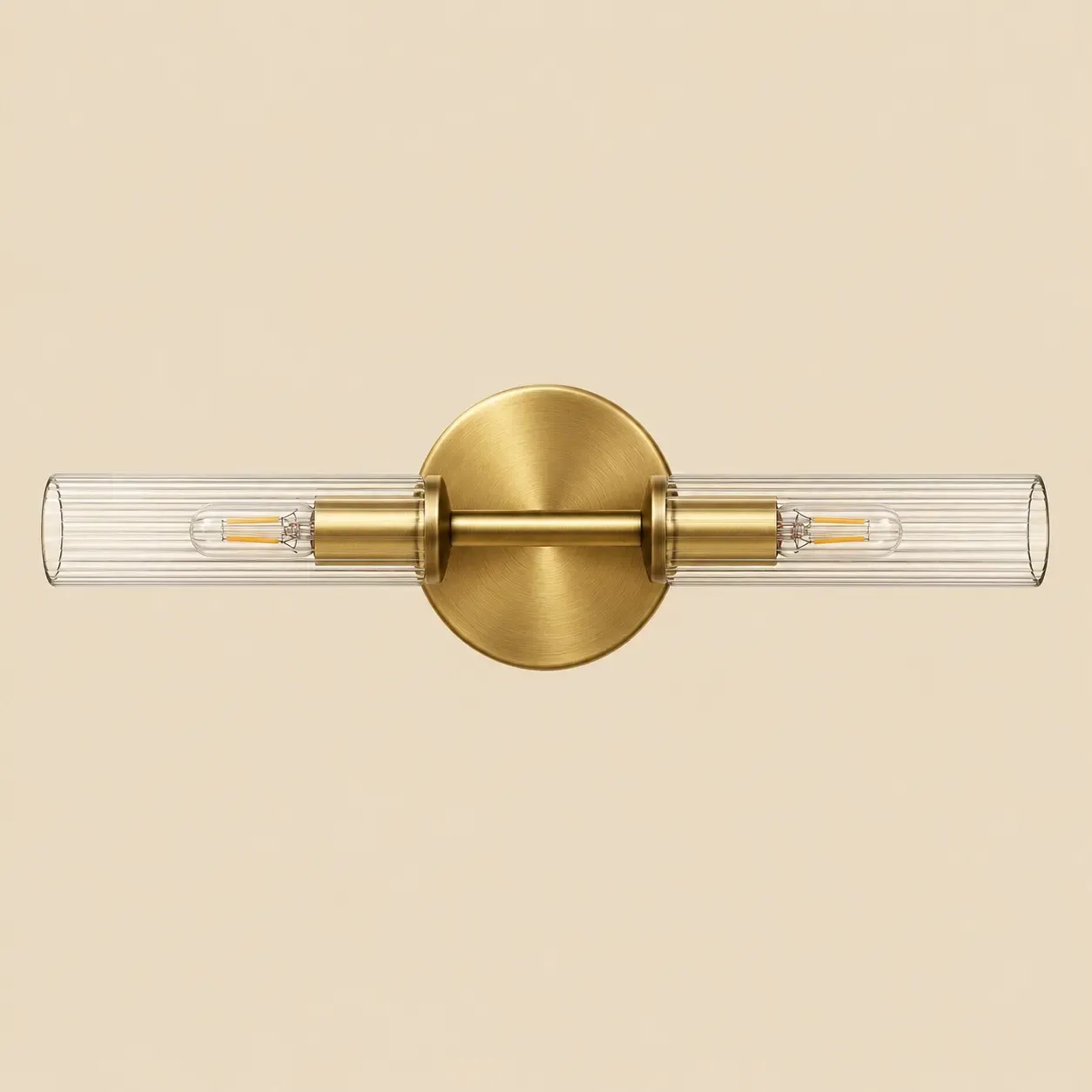 Brass two-light ribbed glass tube wall sconce