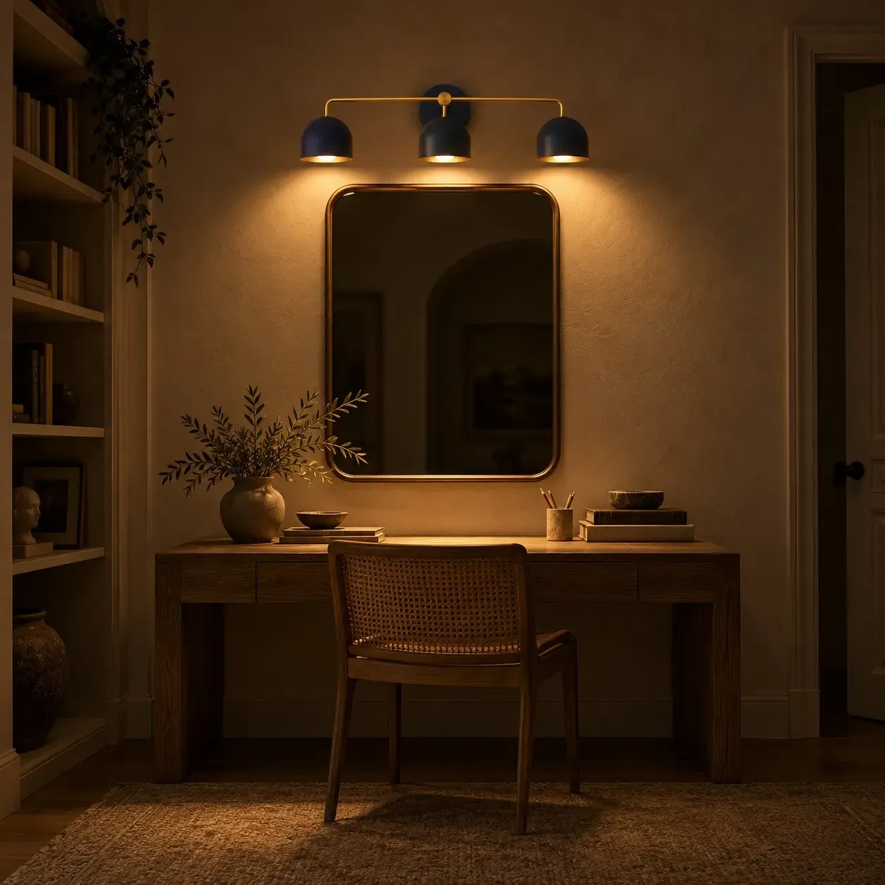 Coal blue three-dome brass sconce glowing above a study desk at night