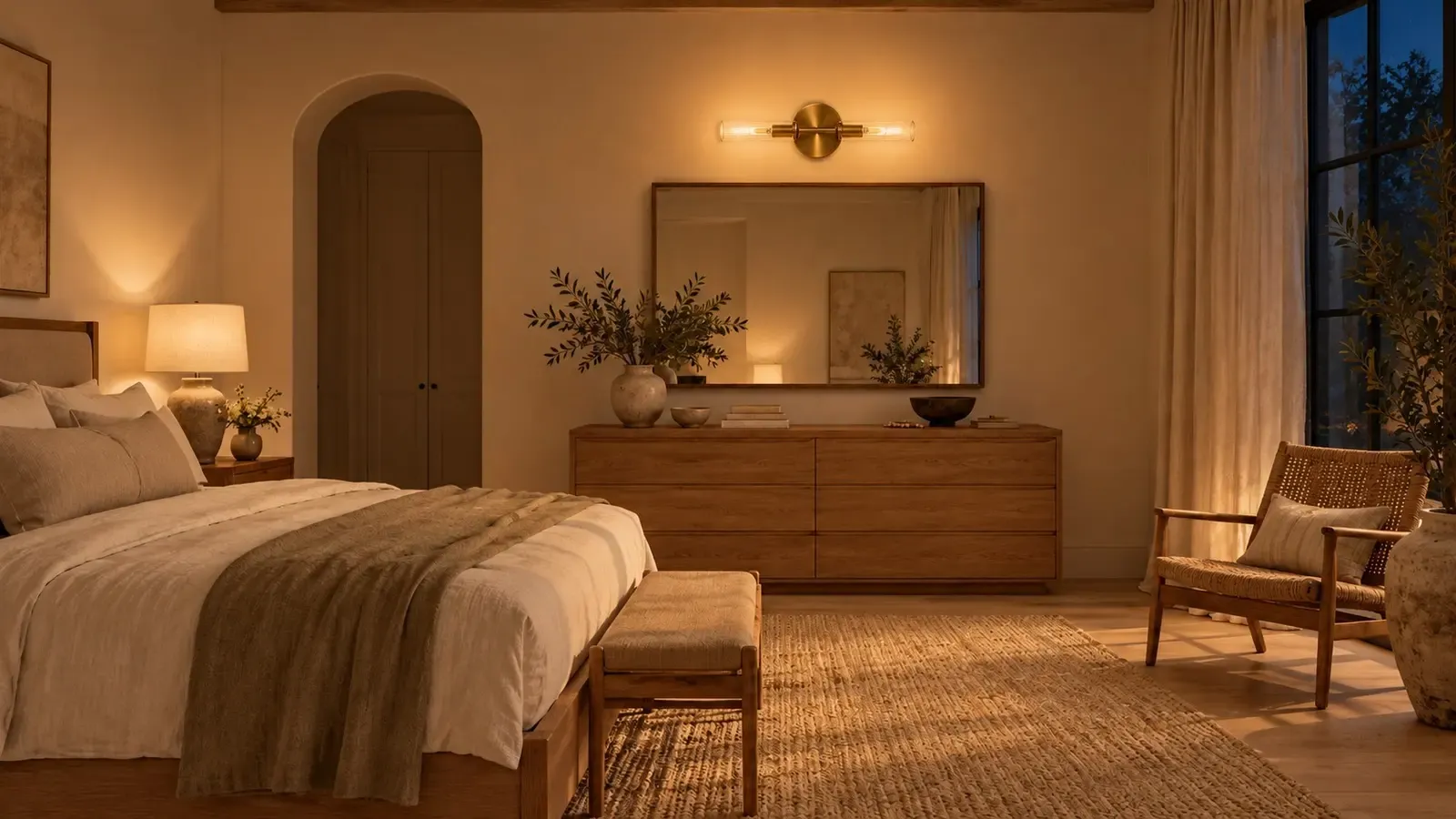 Brass two-light tube sconce glowing above a bedroom dresser at night