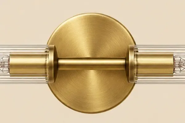 Brushed brass center plate with a bar and two collars holding ribbed glass tubes