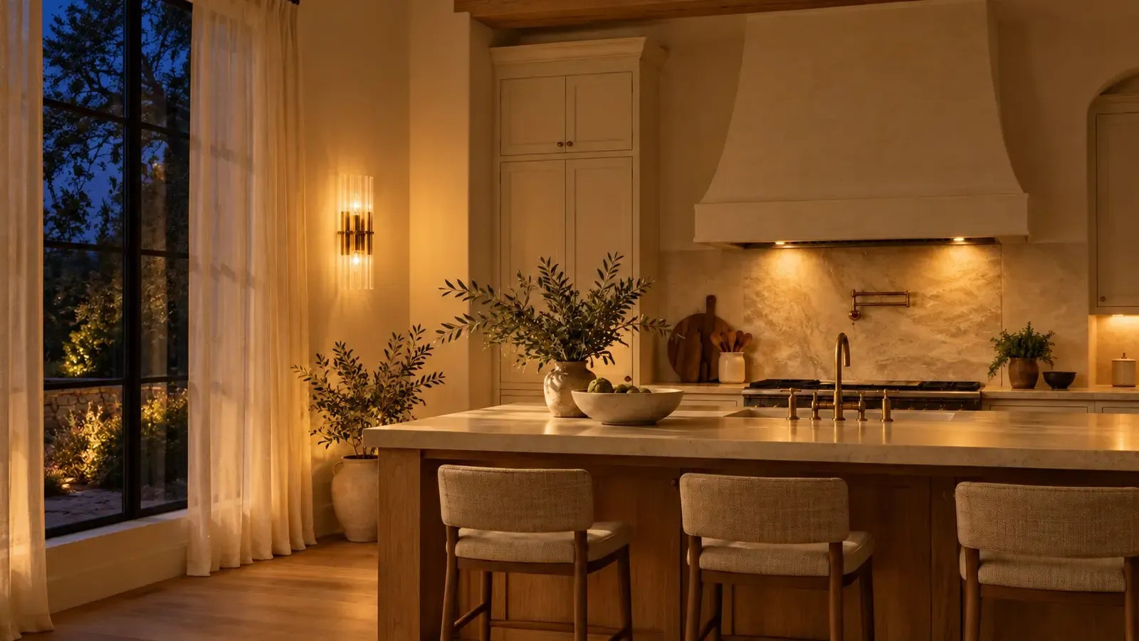 Tumbled brass 2-light sconce lit in the same kitchen at night