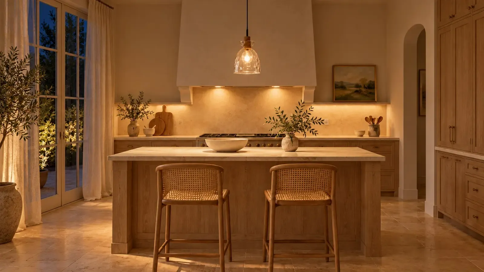 Hammered glass bell pendant lit over a kitchen island at night