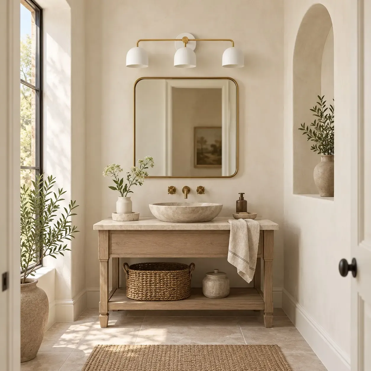 White three-dome brass vanity sconce, unlit, above a bathroom mirror in daylight