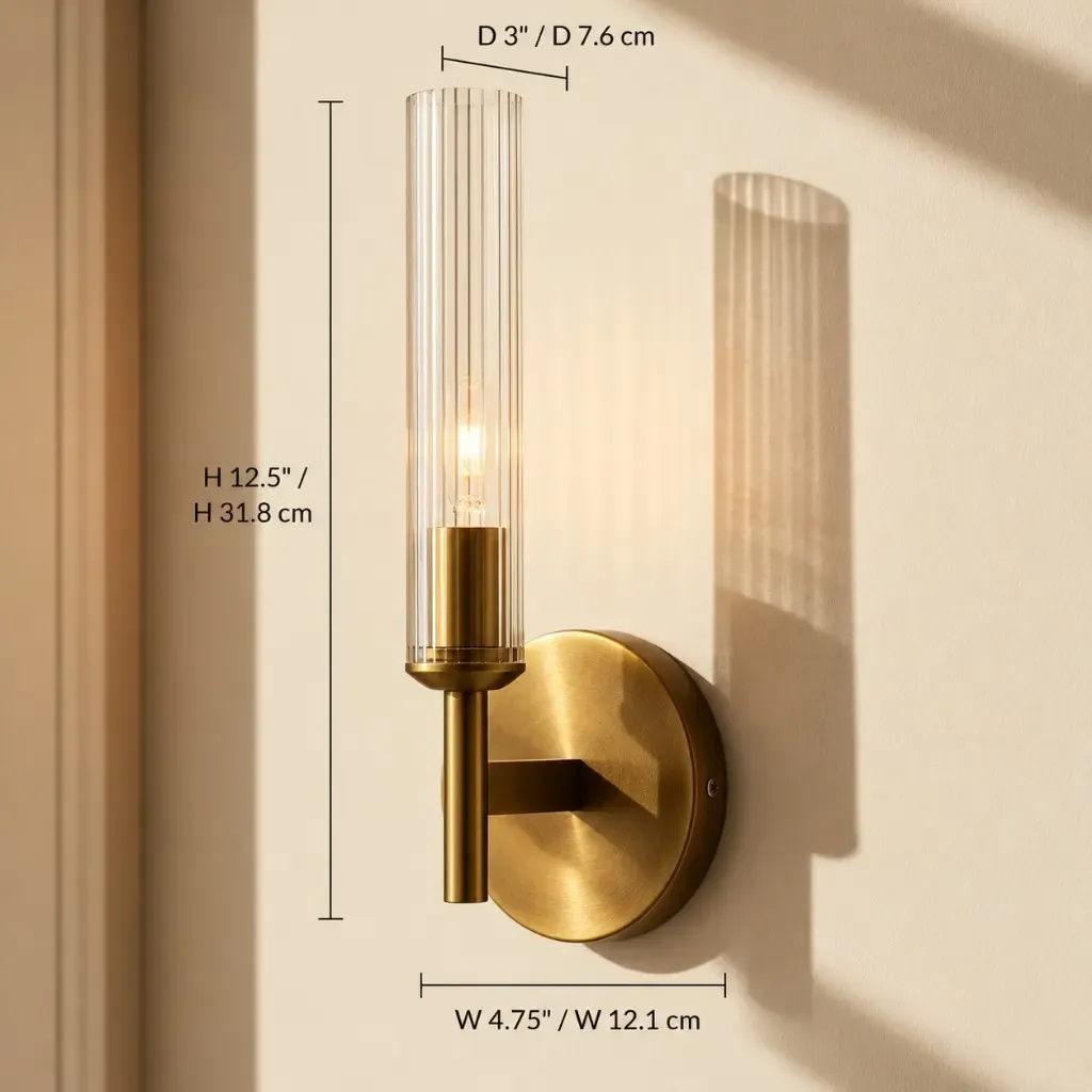 1-Light on a wall, 4.75 inches wide, 3 inches deep, 12.5 inches high