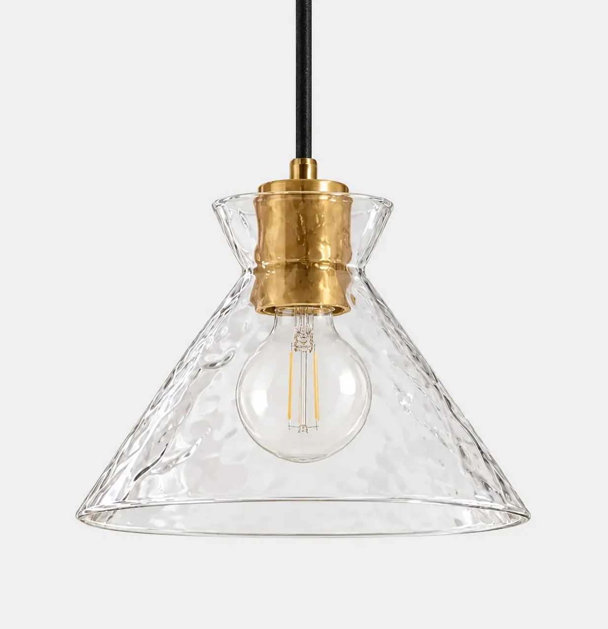 Hammered glass cone pendant with a brass collar