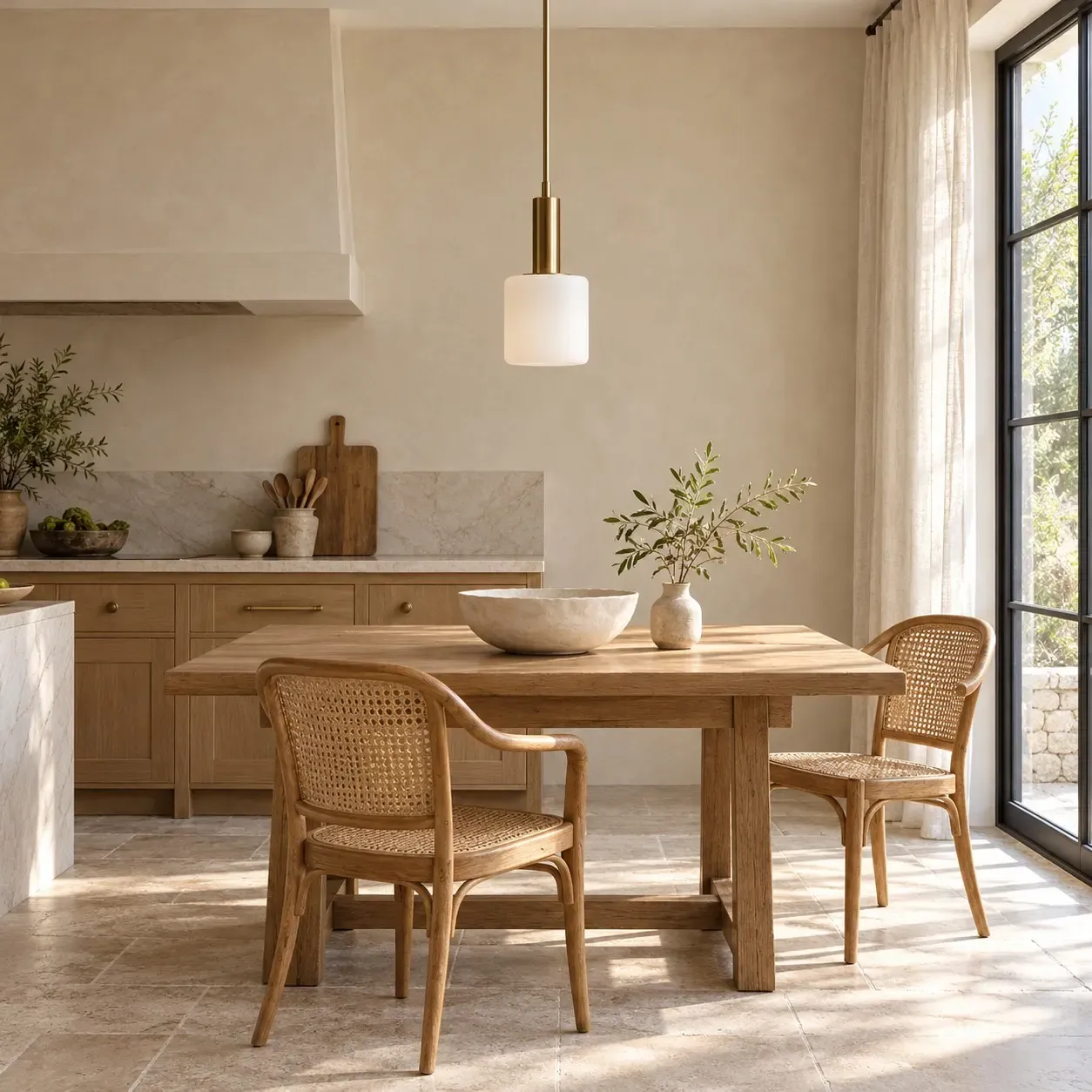 Suspension cylindrique en porcelaine de 12,5 cm (5 pouces) non éclairée au-dessus d'une table en bois dans une cuisine éclairée par la lumière du jour
