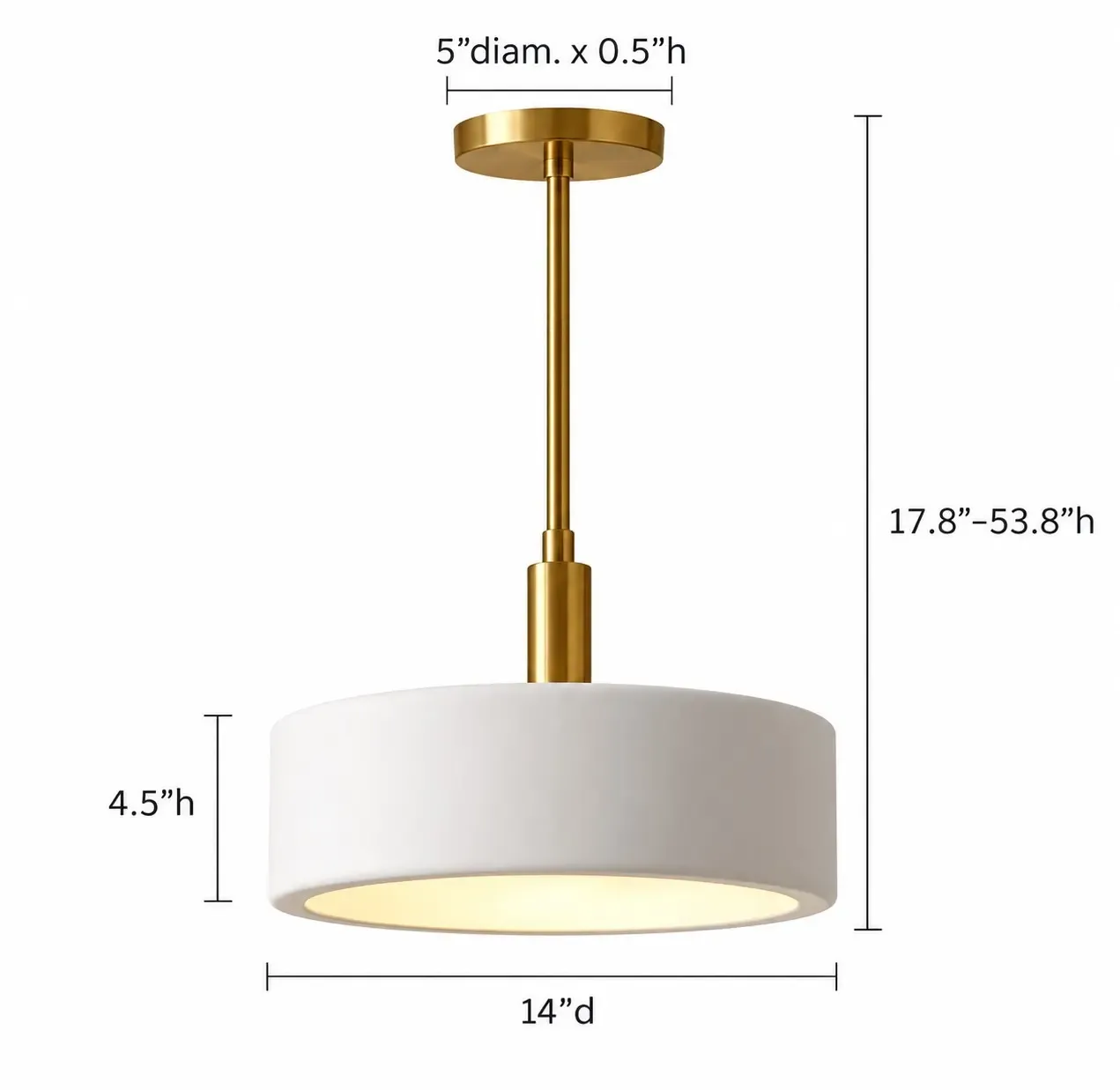 Schéma coté du luminaire suspendu en porcelaine de 14 pouces, abat-jour de 14 pouces de large et 4,5 pouces de haut, hauteur totale de 17,8 à 53,8 pouces.