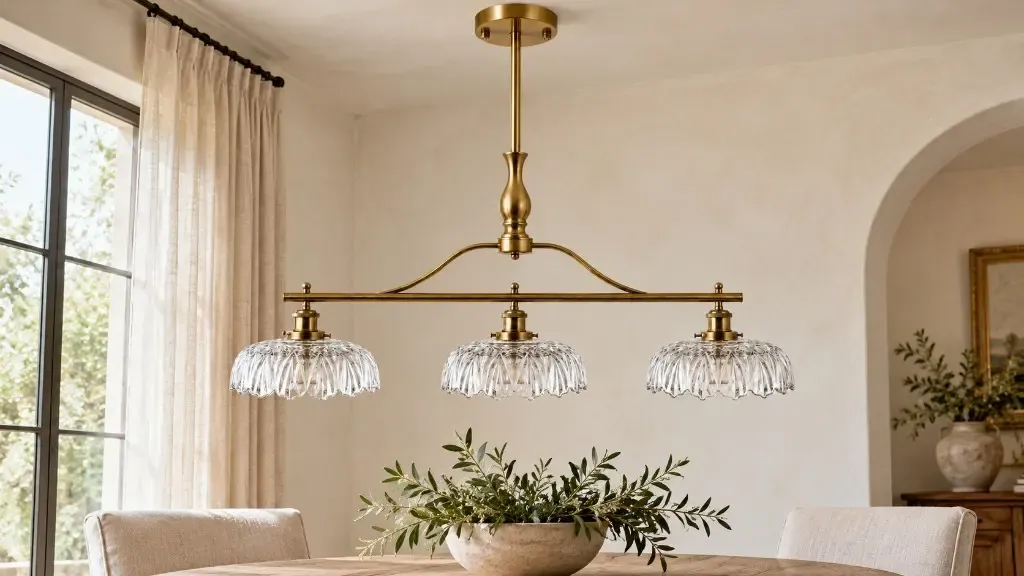 Brass linear chandelier with three fluted glass shades, unlit over a dining table in daylight