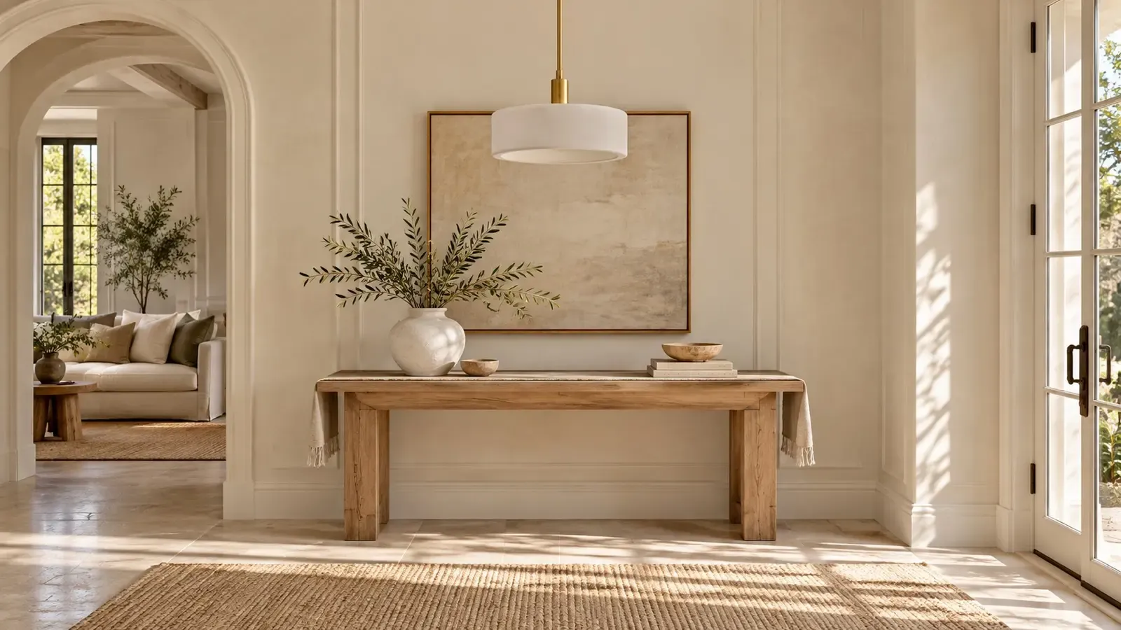 Suspension cylindrique en porcelaine blanche de 35,5 cm (14 pouces), non éclairée, au-dessus d'une console dans une entrée éclairée par la lumière du jour.