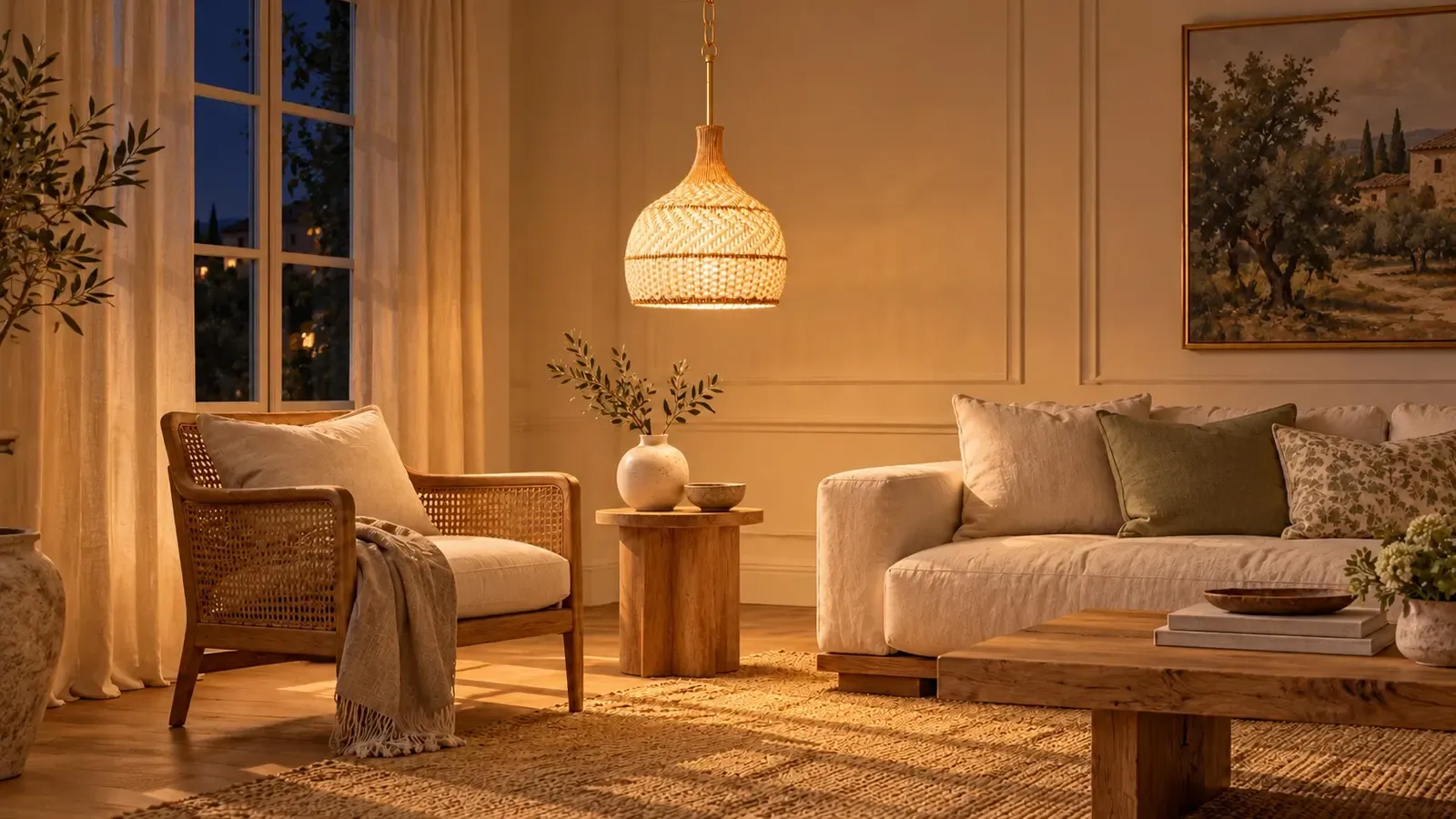Le même salon la nuit, avec le dôme en rotin éclairé et la lumière chaude filtrant à travers le tressage.