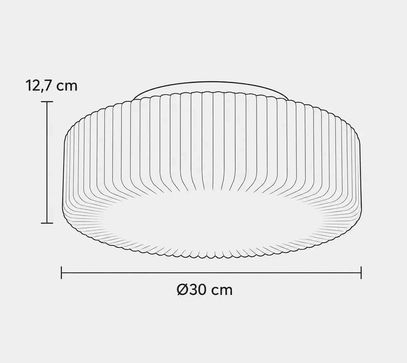 Schéma dimensionnel du plafonnier, diamètre 30 cm et hauteur 12,7 cm