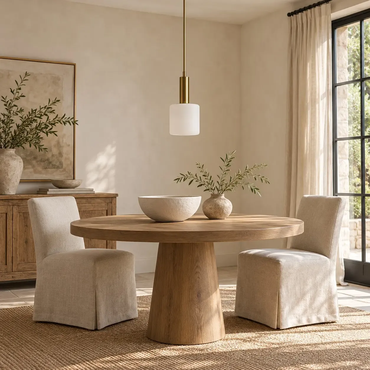 Suspension cylindrique en porcelaine de 12,7 cm (5 pouces), non éclairée, au-dessus d'une table à manger ronde en bois, en plein jour.