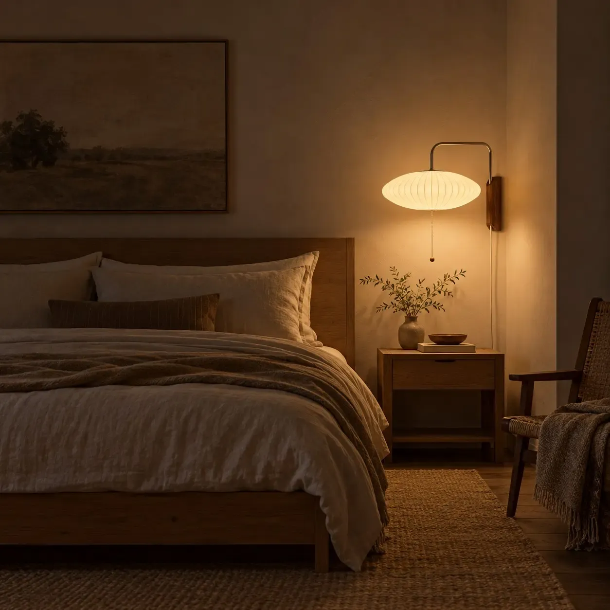 Saucer ribbed wall sconce glowing above a nightstand at night