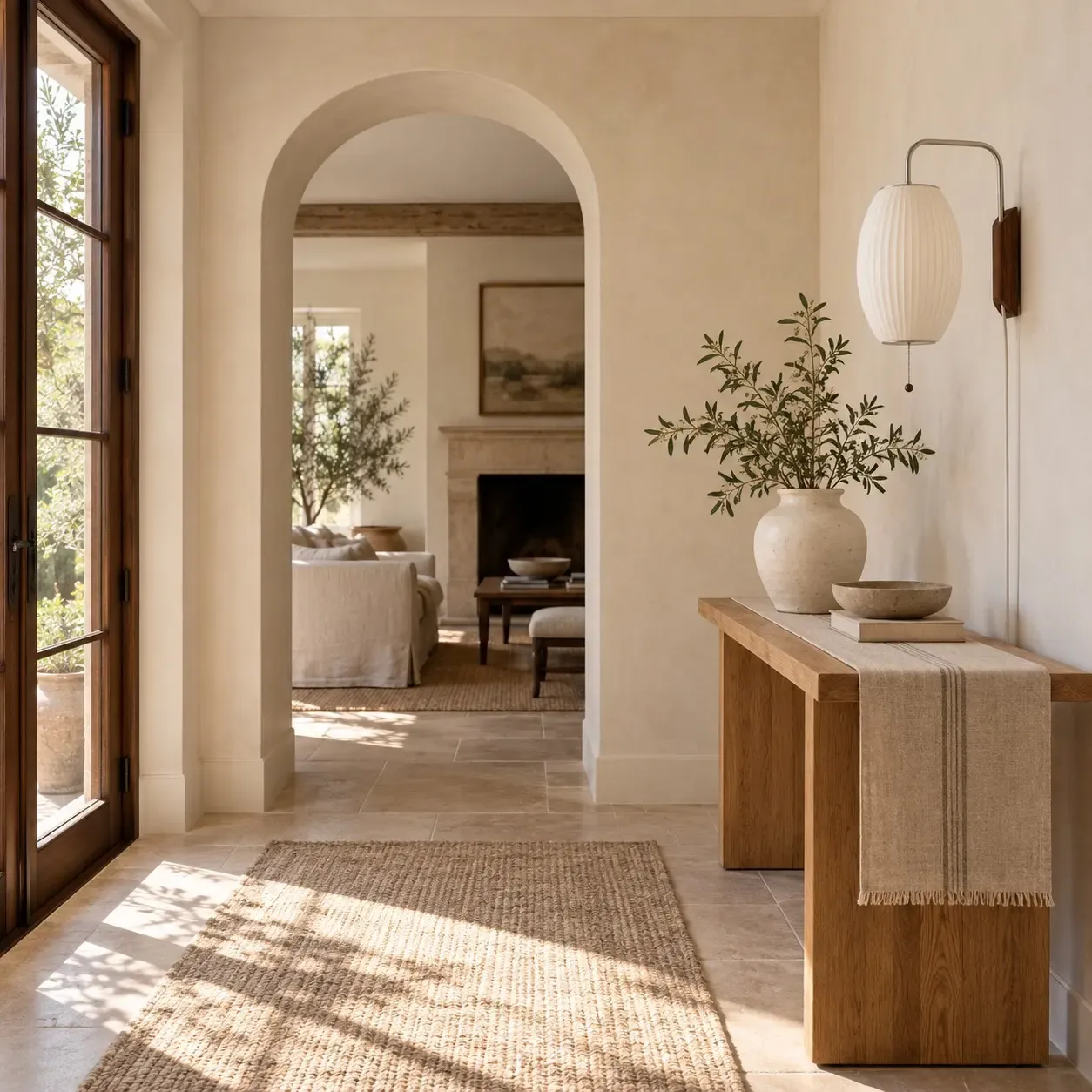 Oval ribbed wall sconce, unlit, above an oak console in an entry in daylight