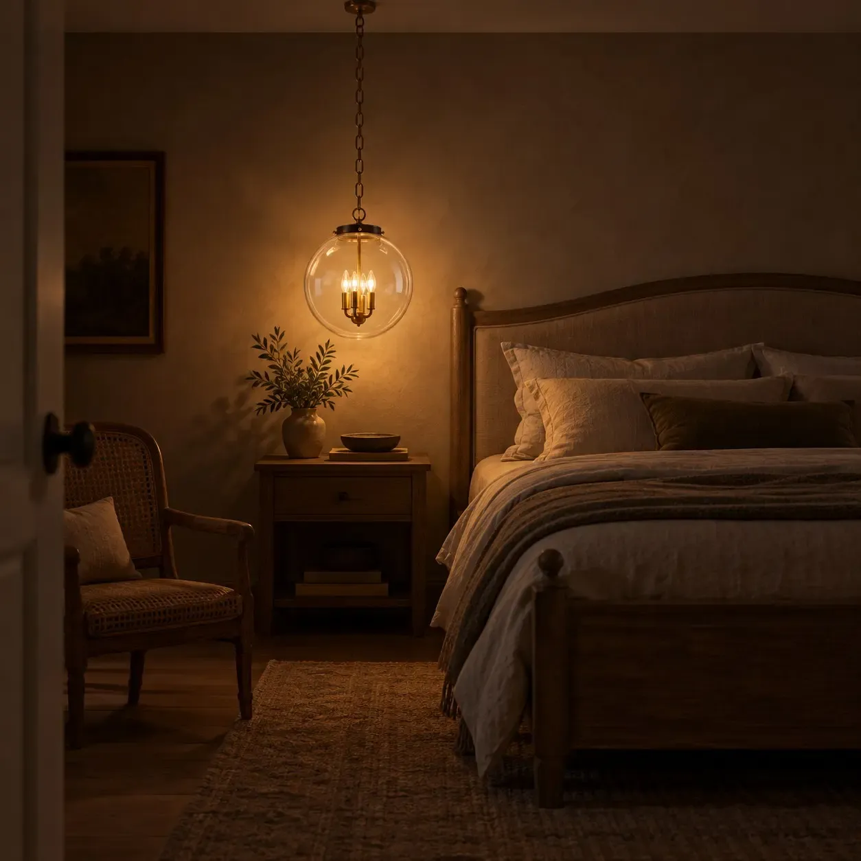 Clear glass globe pendant lit beside a bed at night