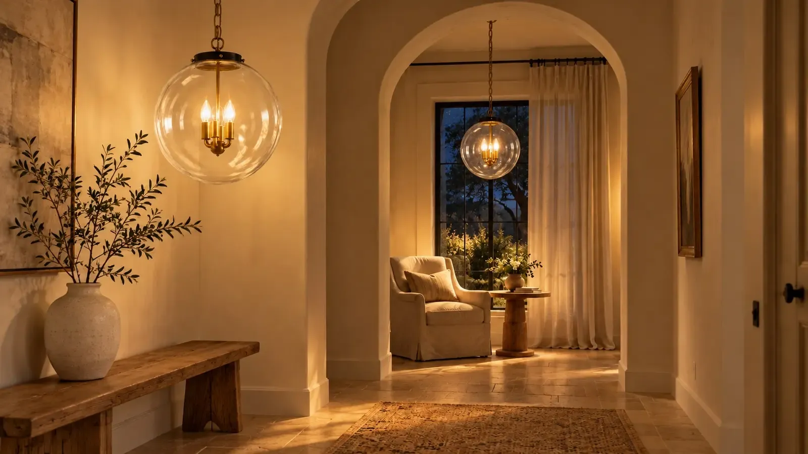 The same entry at night with both clear glass globe pendants lit