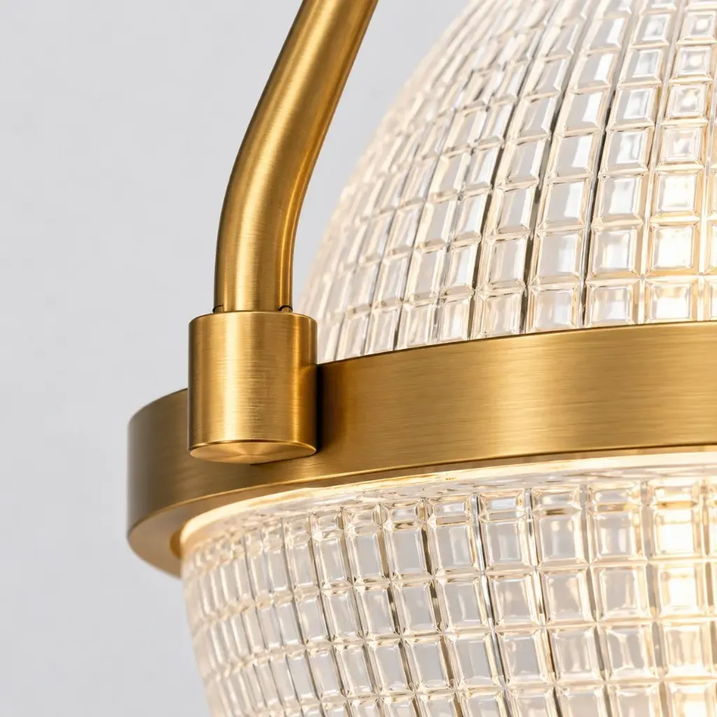 Geborstelde gouden armband die aansluit op de metalen band op gehamerd helder glas.