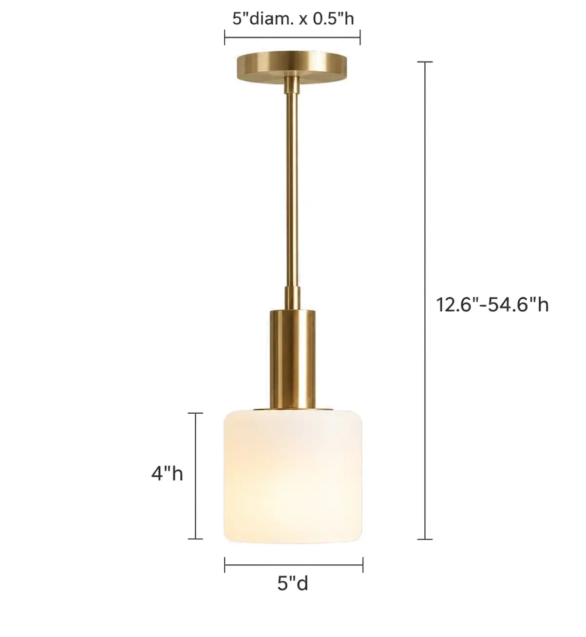 Dessin coté du pendentif cylindrique en porcelaine de 5 pouces, abat-jour de 5 pouces de large et 4 pouces de haut, hauteur totale de 12,6 à 54,6 pouces.