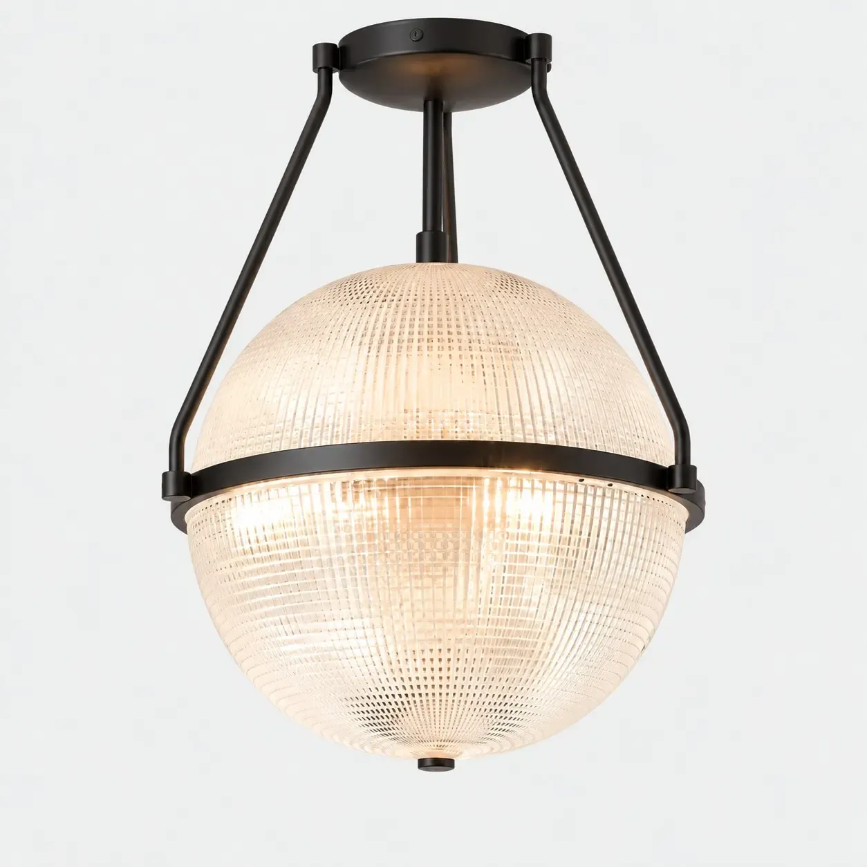 Plafondlamp met zwarte glazen bol, halfverzonken montage, op een lichte achtergrond, inclusief lampen.