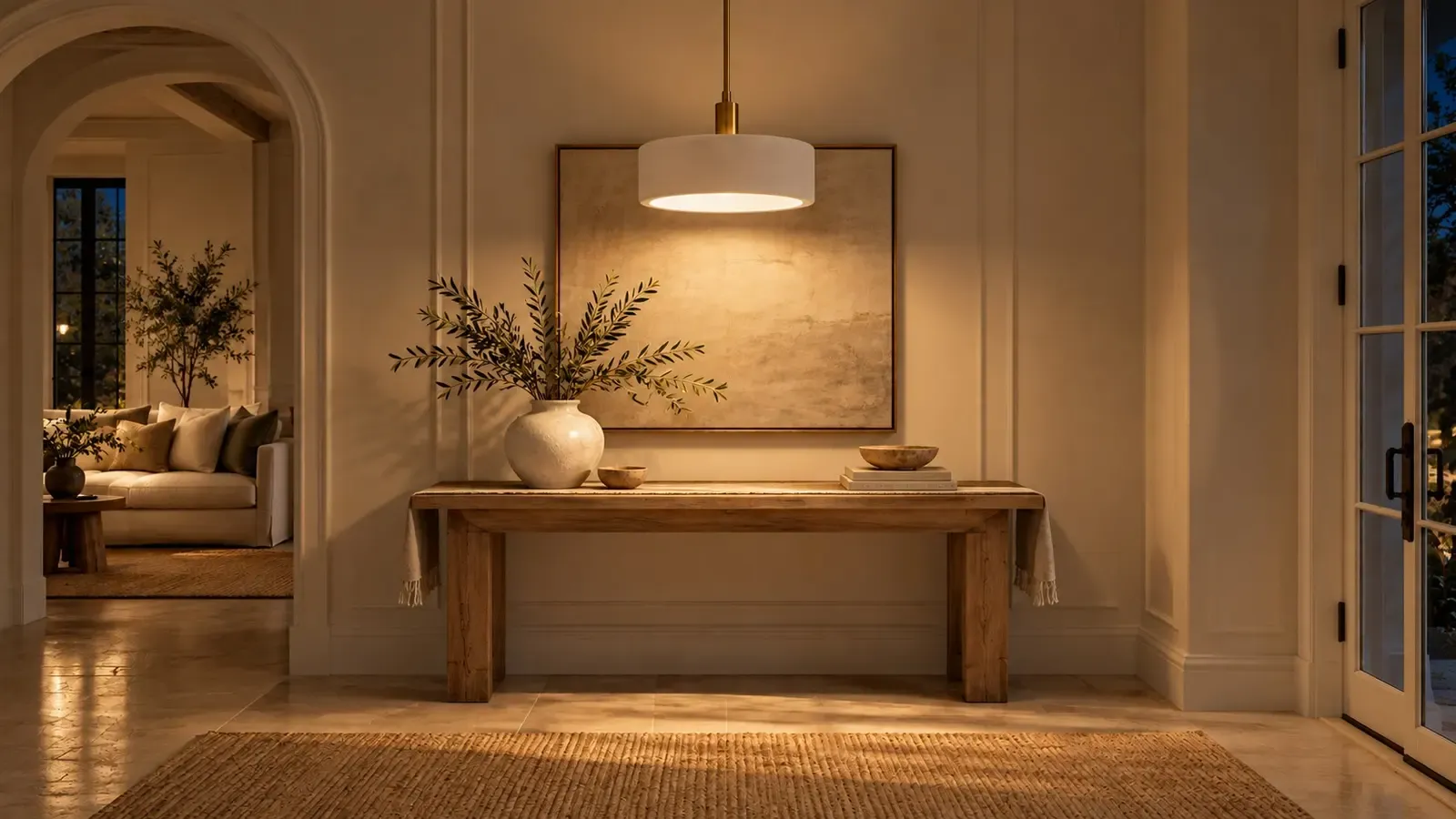 Le même luminaire suspendu en porcelaine de 35,5 cm (14 pouces) éclairait la console la nuit.
