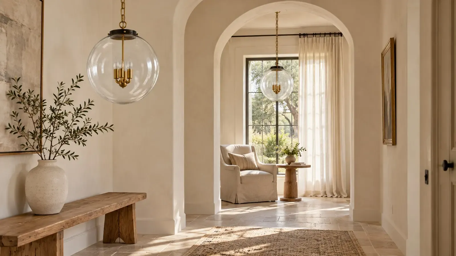 Two clear glass globe pendants unlit in an entry in daylight