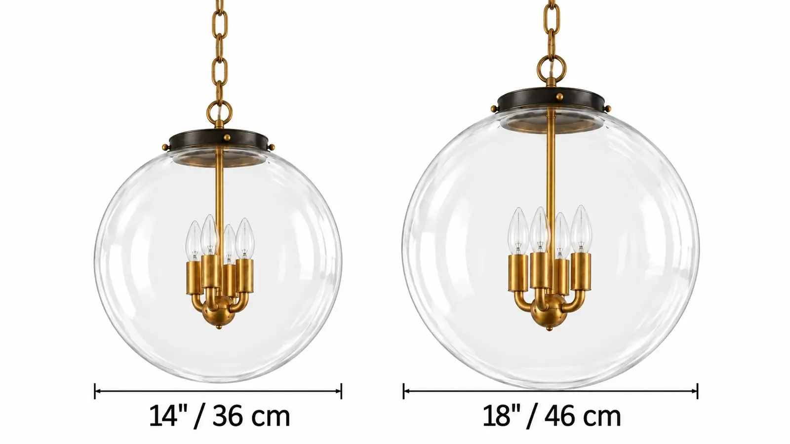 Clear glass globe pendants compared at 14 inches, 36 centimeters, and 18 inches, 46 centimeters