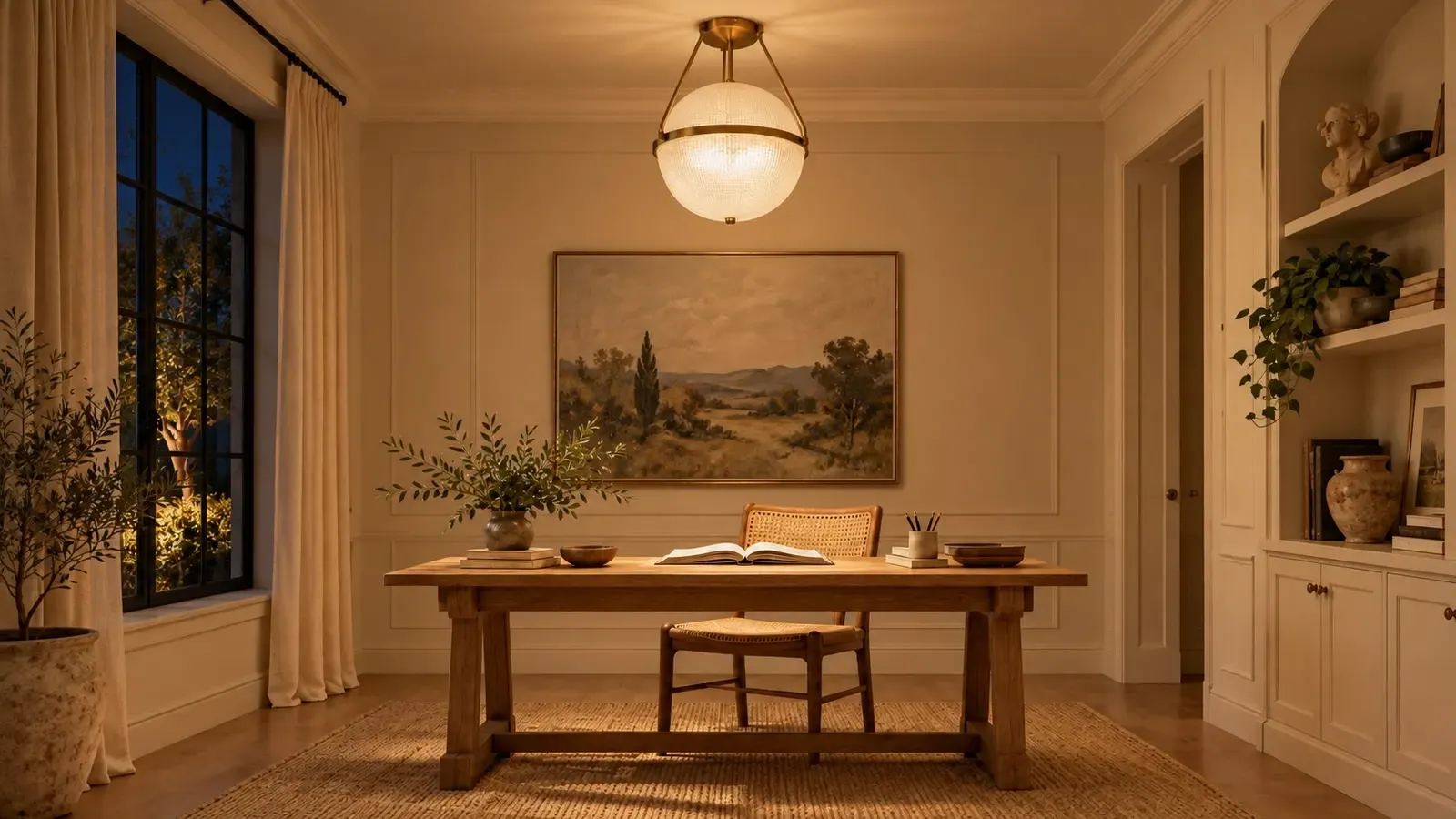 Le même plafonnier semi-encastré en verre doré illuminait le bureau la nuit.