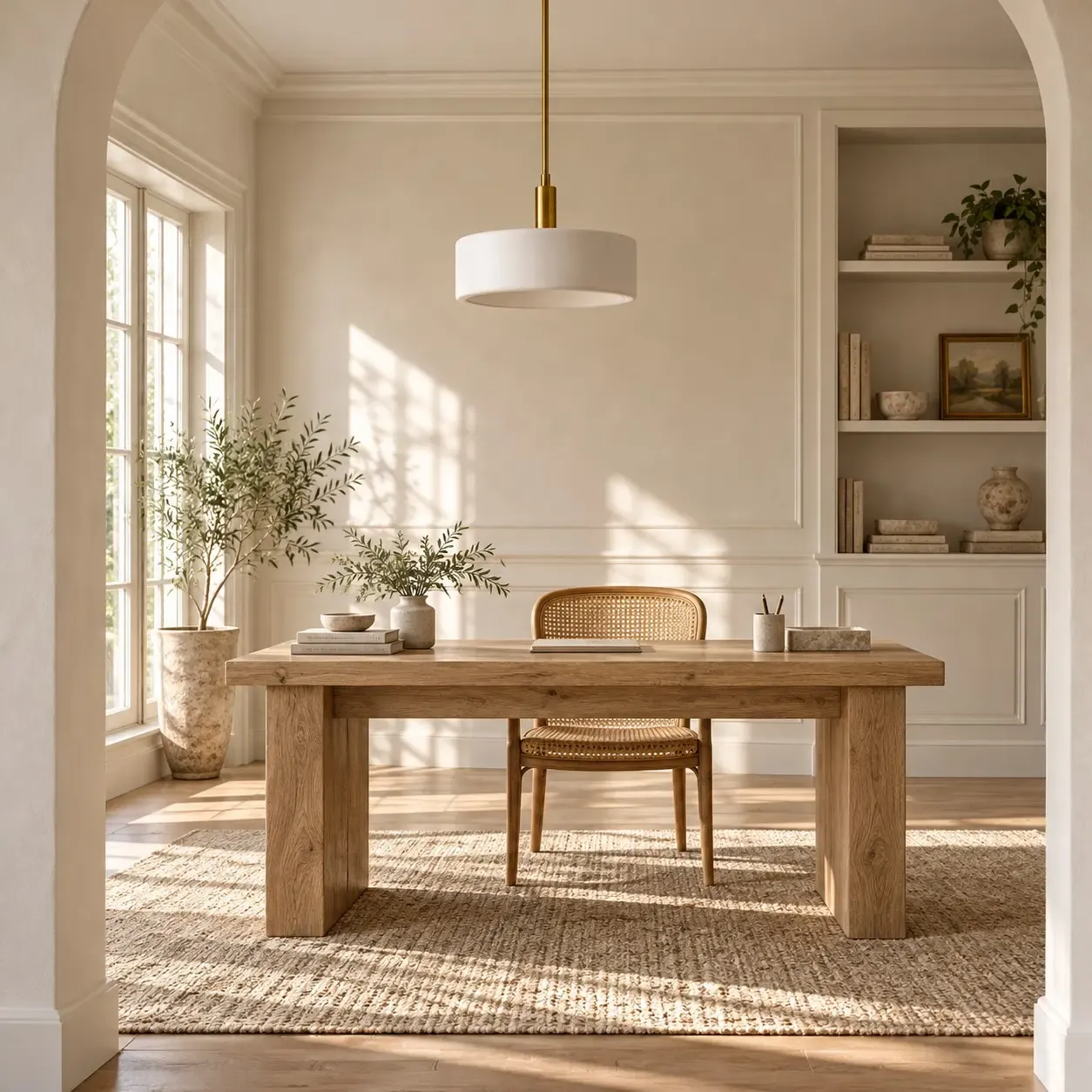 Suspension cylindrique en porcelaine blanche de 35,5 cm (14 pouces), non éclairée, au-dessus d'un bureau en bois dans un bureau baigné de lumière naturelle.