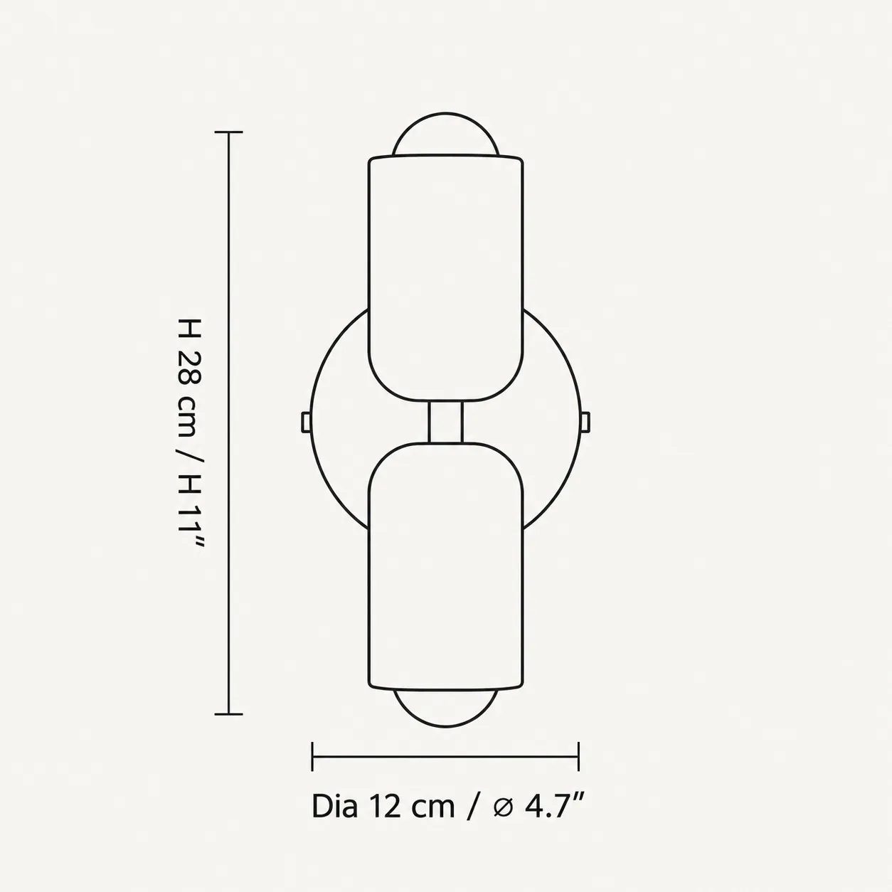 Supplied dimension drawing: diameter 12 cm and height 28 cm