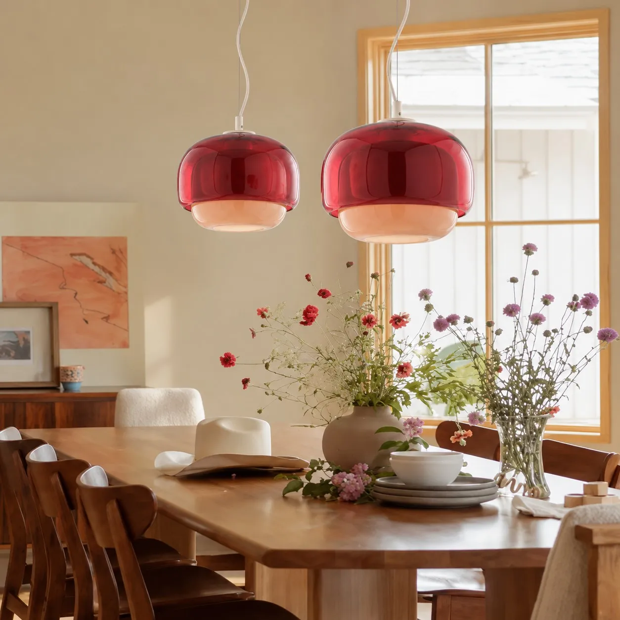 Burgundy pendant over a dining table