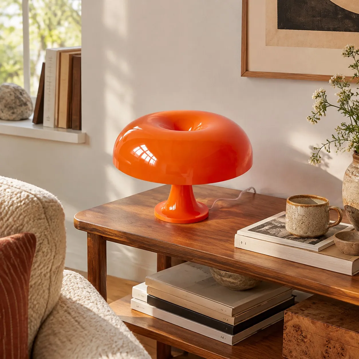 Orange lamp on a wooden console