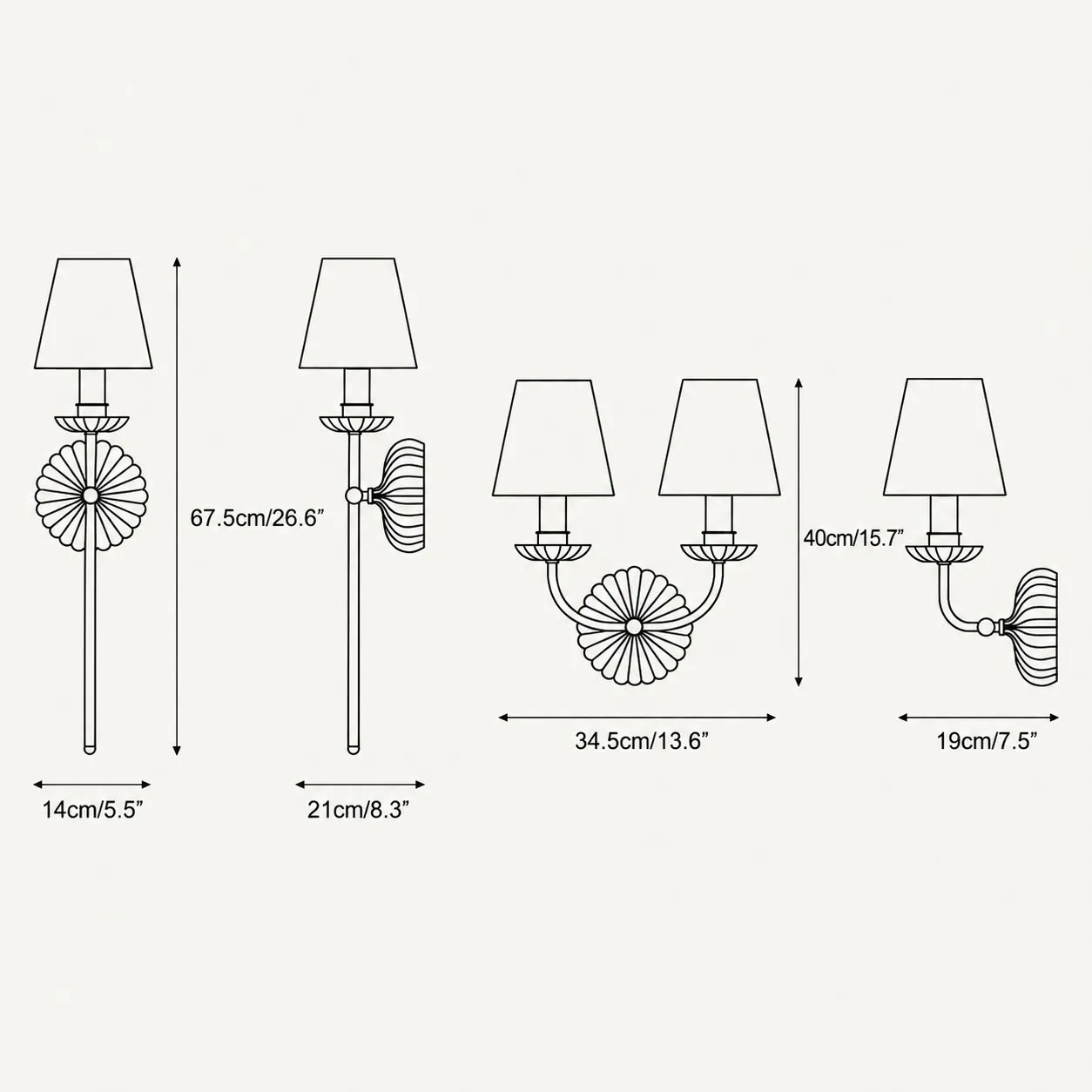 Dimension drawing of the single wall lamp and the two-light wall lamp