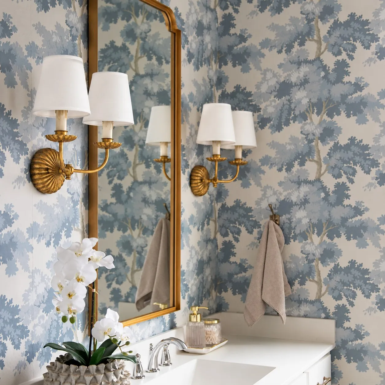 Antique gold double wall lamp beside a bathroom mirror
