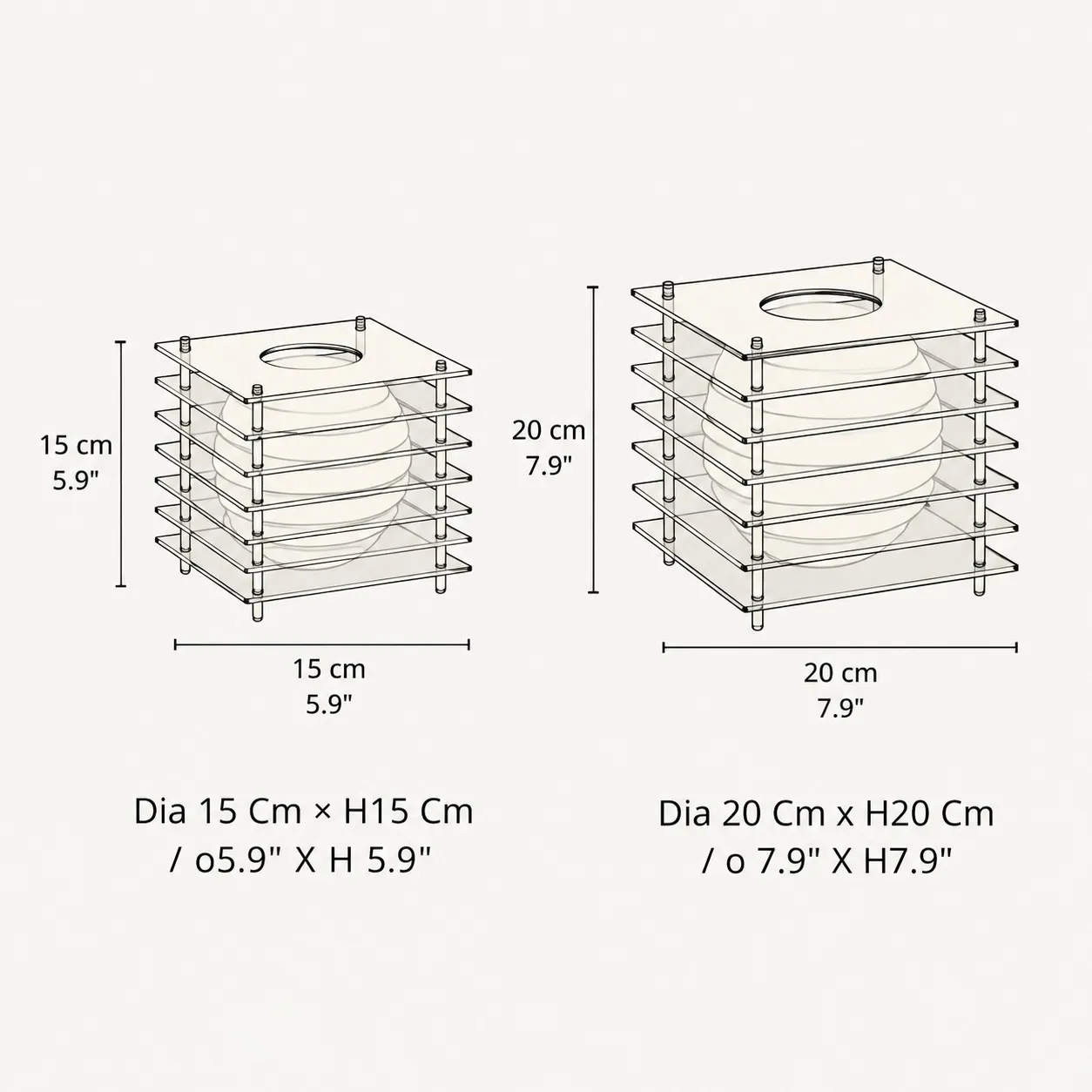 Dimension drawing for Dia 15 cm / 5.9 in and Dia 20 cm / 7.9 in
