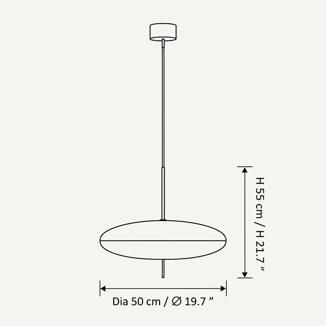 Dimension drawing of the elliptical pendant shade