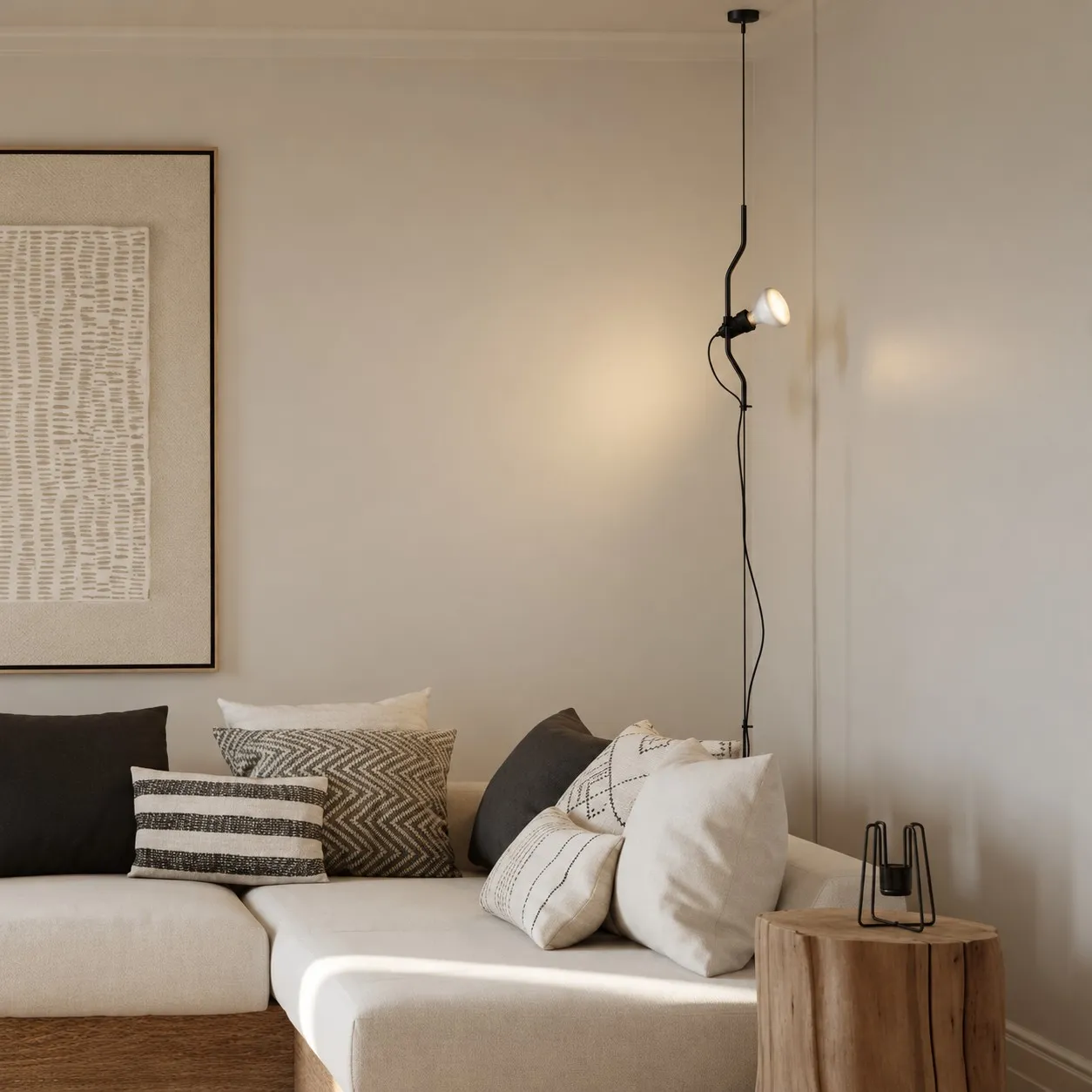 Black ceiling-to-floor lamp beside a sofa