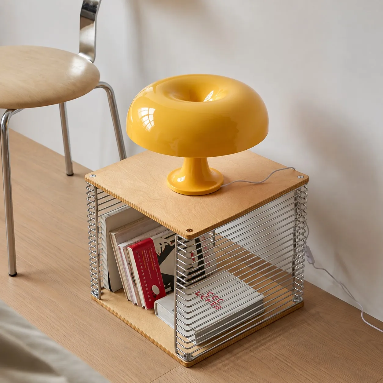 Yellow lamp on a low cabinet